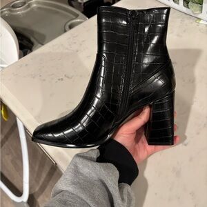 Black Croc-Embossed Ankle Boots